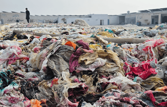 Pile of textile waste in Satiana Waste Cluster, Faisalabad, Punjab Region, Pakistan