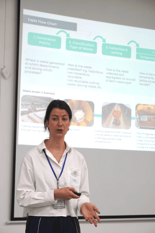 Closed Loop Fashion Jenny Putts conducting Textile Waste Management Training at Sabrina Group. Phnom Penh, Cambodia