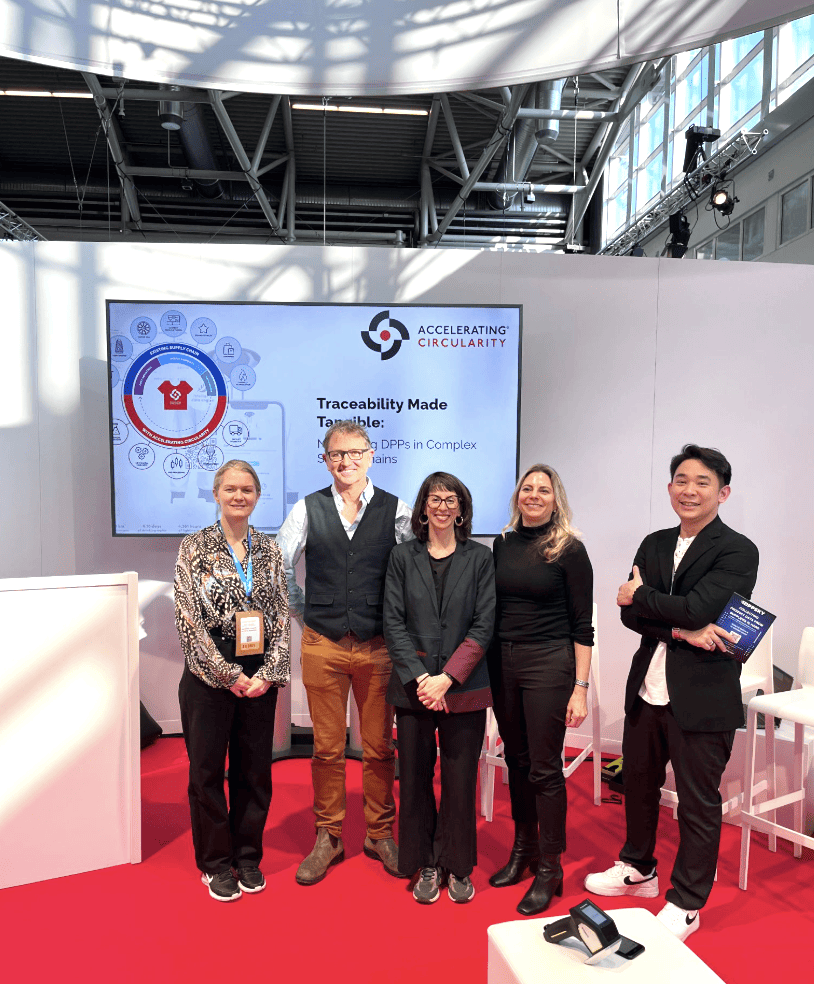 Arianna Nicoletti, Senior Consultant Textile Waste Management & Certifications Specialist at Closed Loop Fashion, alongside Ryan Ting, Co-Founder of DPPSKY; Daniela Kolodziej, Global Business Development Manager for Circular Economy at trinamiX GmbH; Tim Cross, Founder and CEO of Circular Textiles Foundation and was moderated by Petra Schweiger on behalf of Accelerating Circularity.